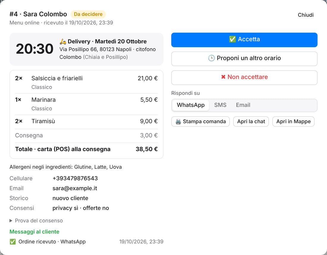 Scheda di un ordine delivery: righe con impasto, allergeni, indirizzo, totale con POS alla consegna e i pulsanti Accetta, Proponi un altro orario, Non accettare