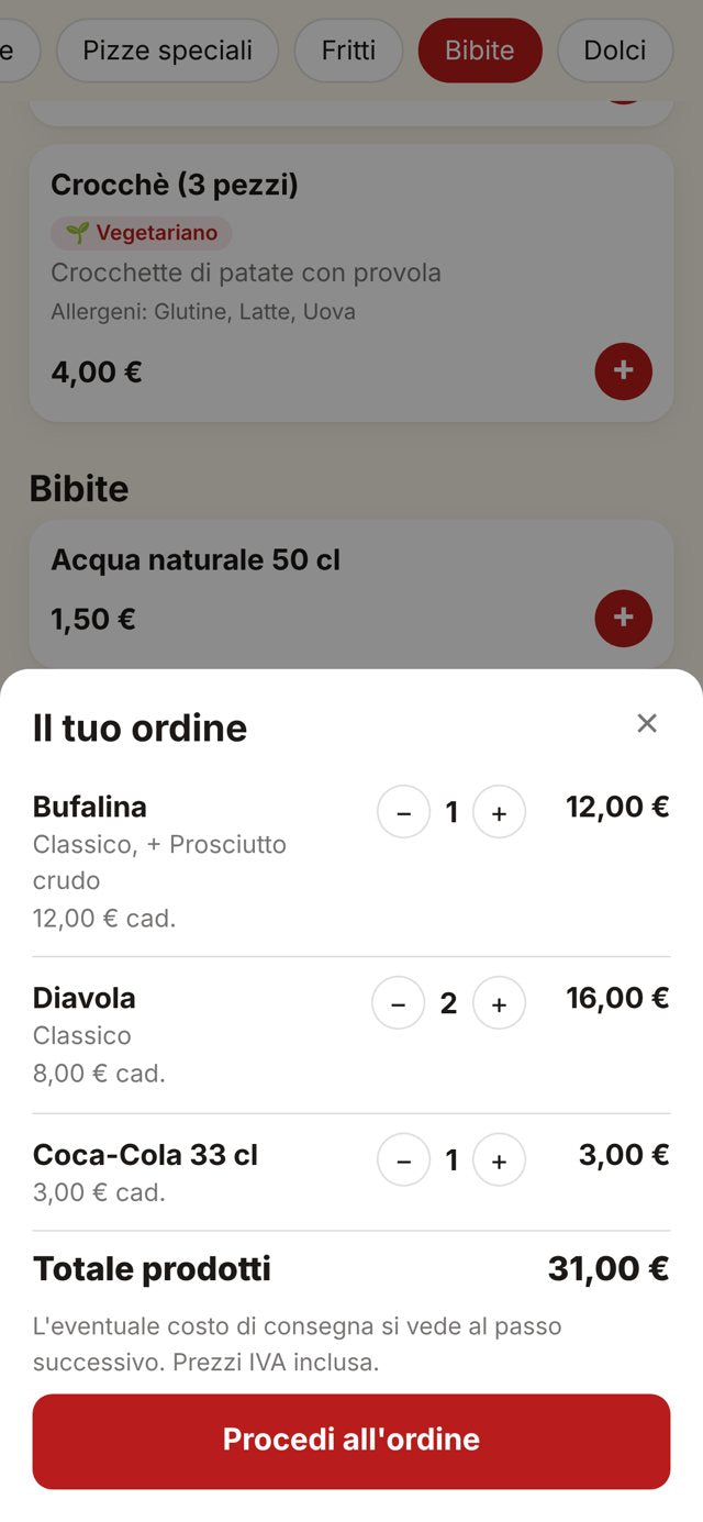 Il carrello del cliente con le pizze scelte, impasto e aggiunte, e il totale
