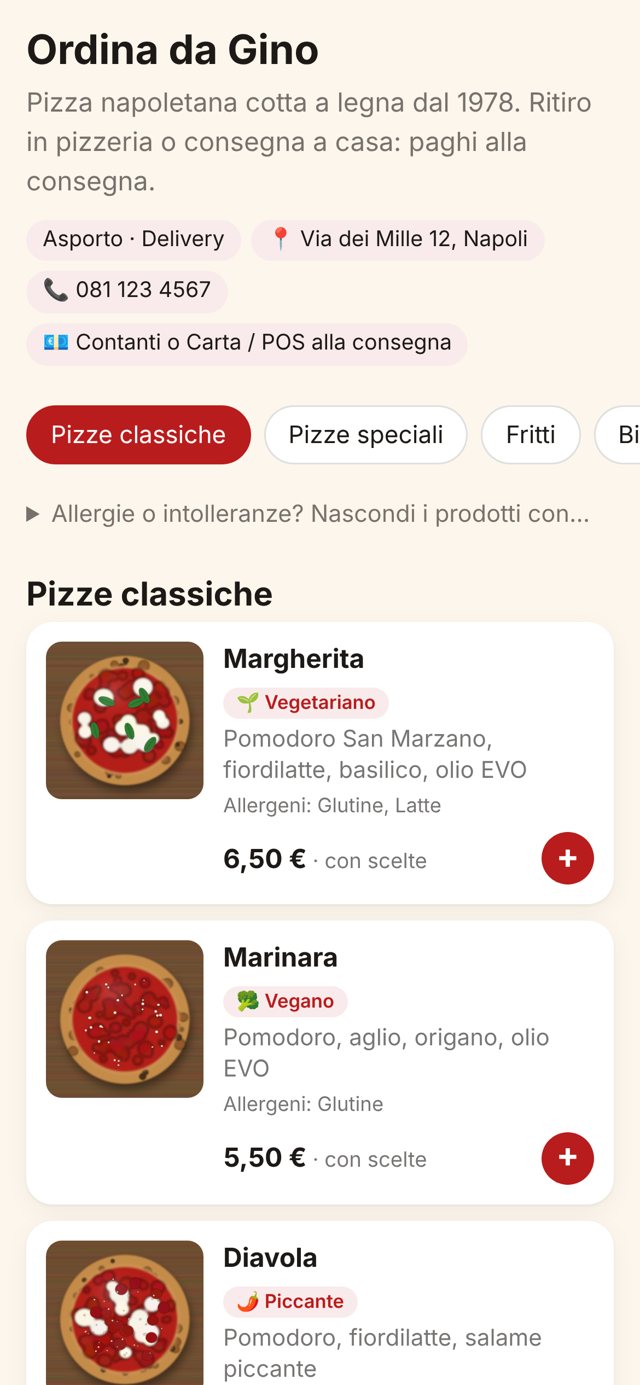 Il menu online visto dal cliente: pizze con foto, prezzi, etichette vegetariano e piccante, allergeni