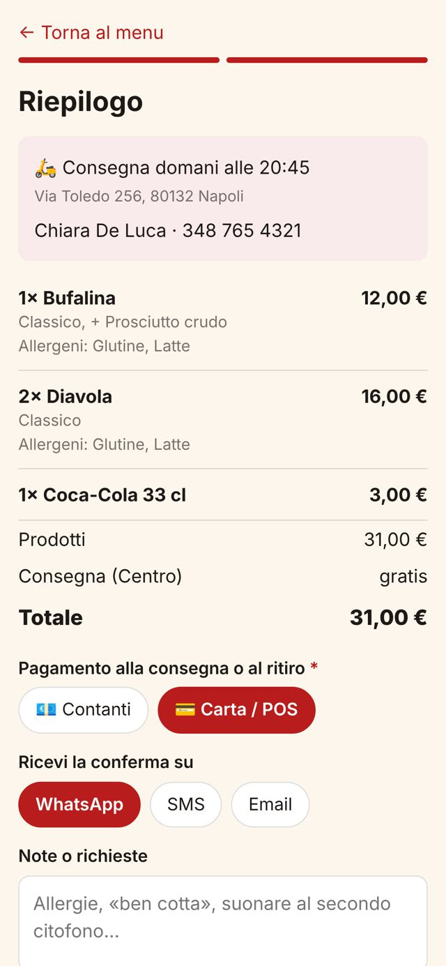 Il riepilogo dell'ordine con consegna, pagamento in contanti o POS e canale per la conferma